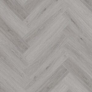 Grey oak effect herringbone rigid core SPC flooring sample showing wood grain texture