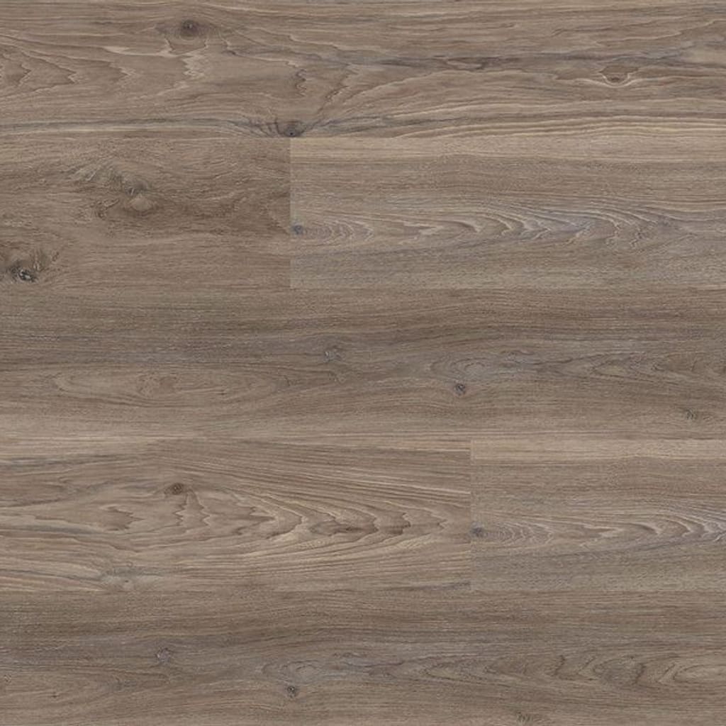 Overhead view of Thyme Oak rigid core SPC flooring planks showing antique brown wood grain and knots