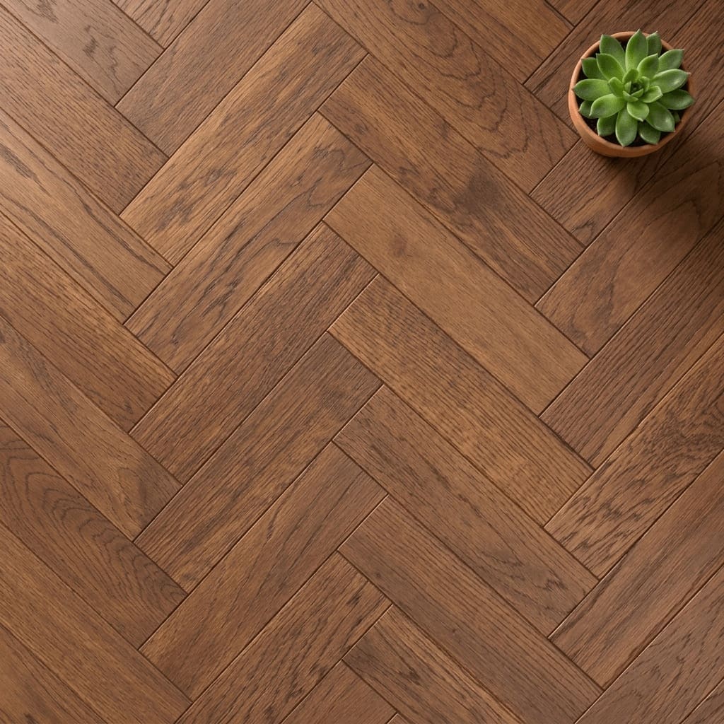 Hale Oak Herringbone engineered oak flooring close-up texture - photorealistic room shot