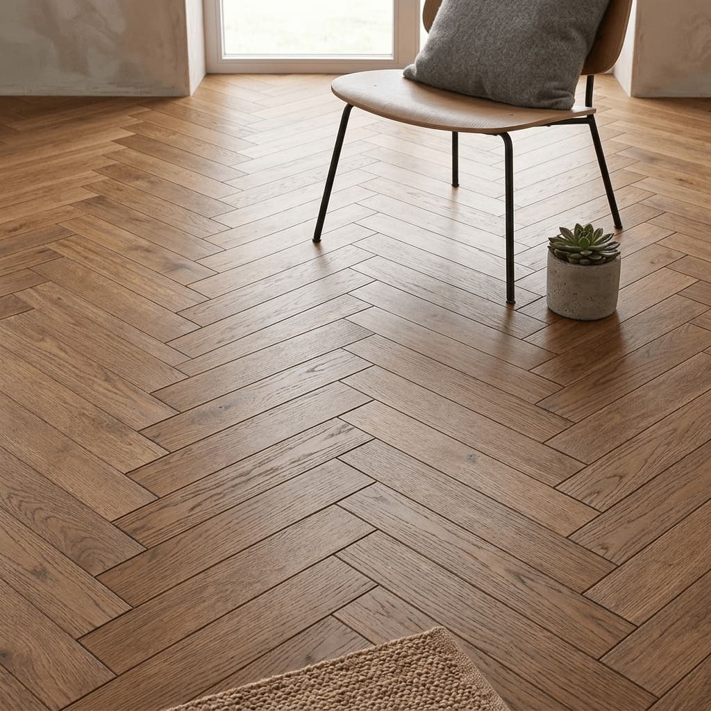 Hale Oak Herringbone engineered oak flooring detailed view - photorealistic room shot