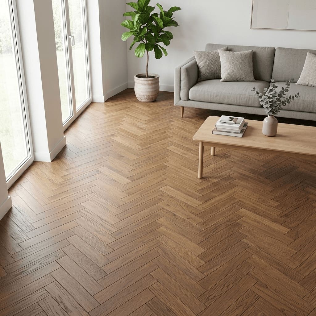 Hale Oak Herringbone engineered oak flooring room interior - photorealistic room shot