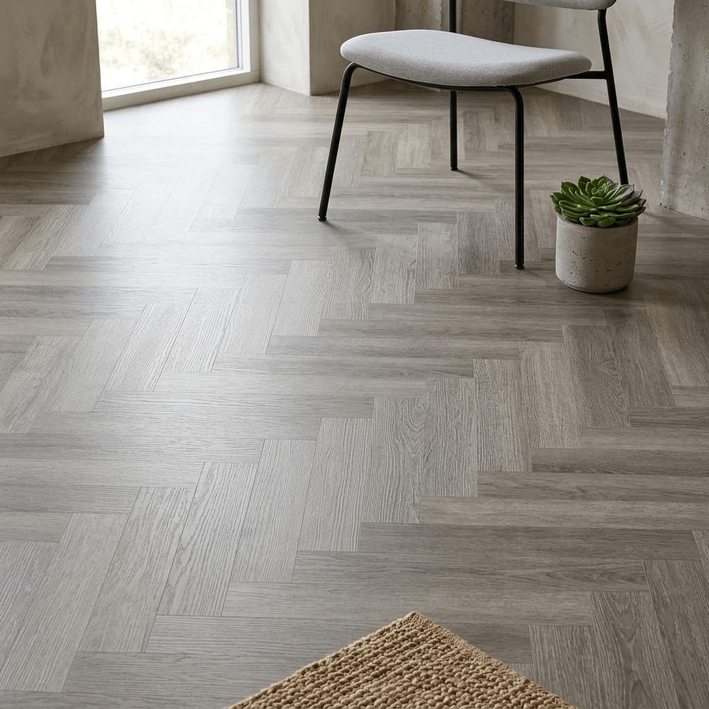 Kingham Oak Herringbone luxury vinyl flooring detailed view - photorealistic room shot