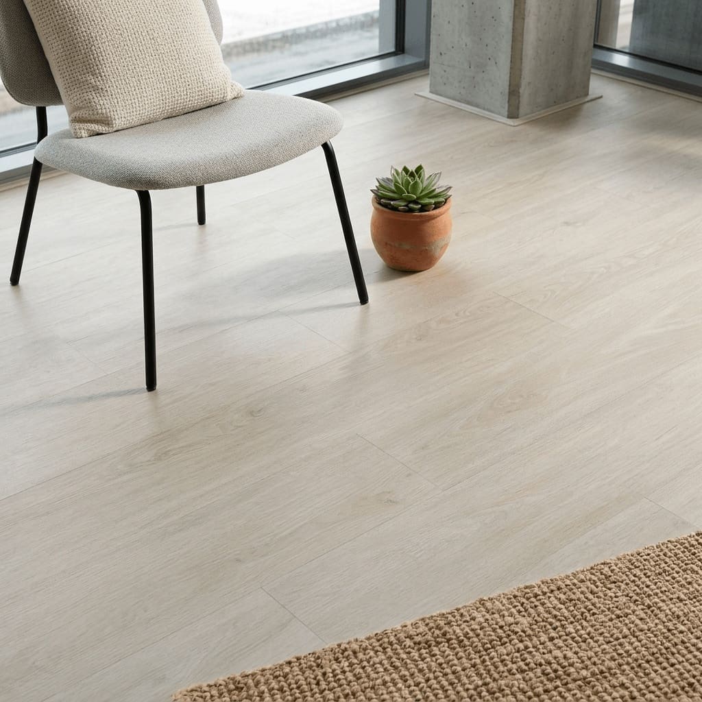 Leoube Oak luxury vinyl flooring detailed view - photorealistic room shot