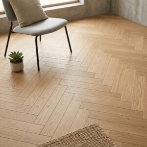 Mobberley Oak Herringbone engineered oak flooring detailed view - photorealistic room shot