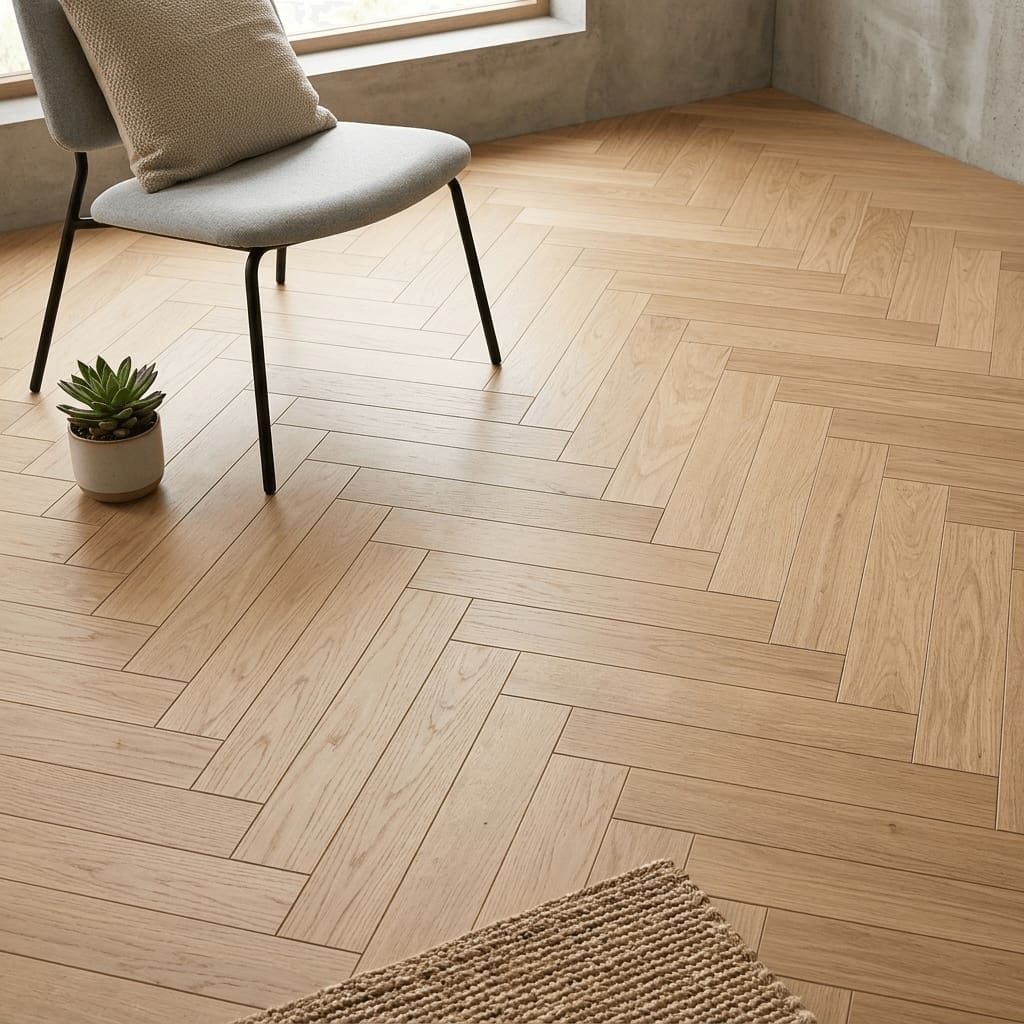 Mobberley Oak Herringbone engineered oak flooring detailed view - photorealistic room shot