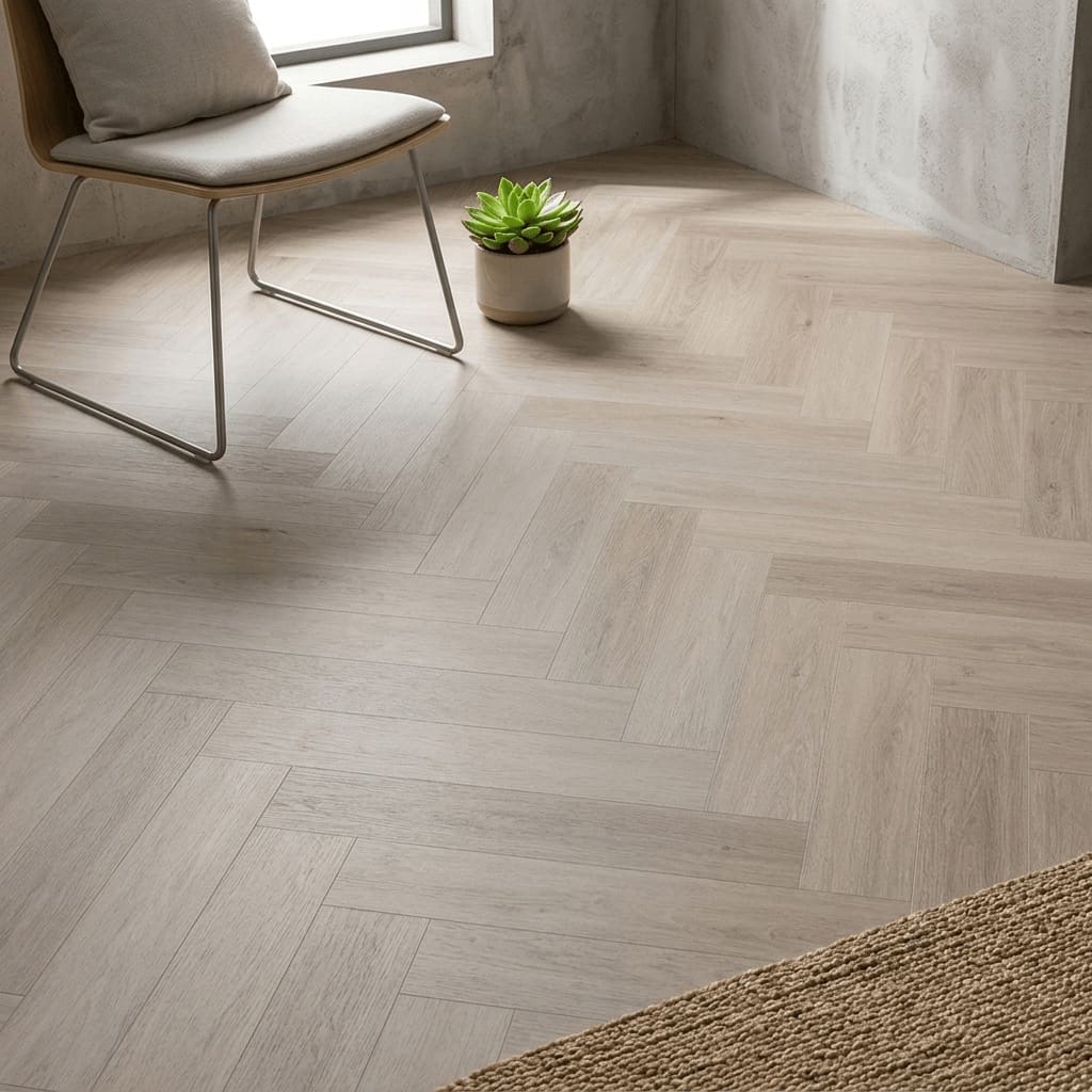Norton Oak Herringbone luxury vinyl flooring detailed view - photorealistic room shot