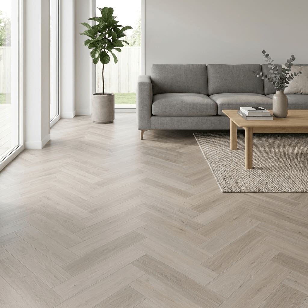 Norton Oak Herringbone luxury vinyl flooring room interior - photorealistic room shot