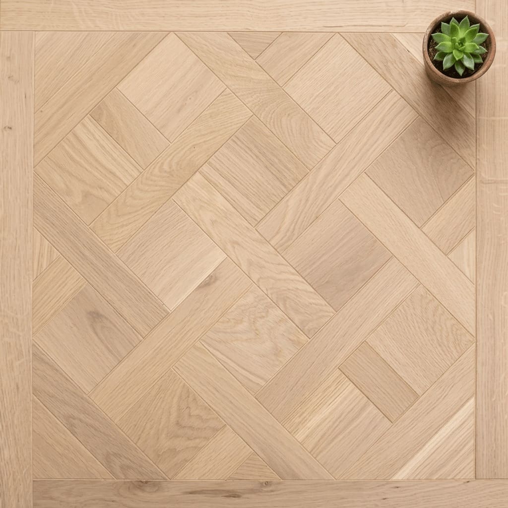 Peckforton Oak Versailles engineered oak flooring close-up texture - photorealistic room shot