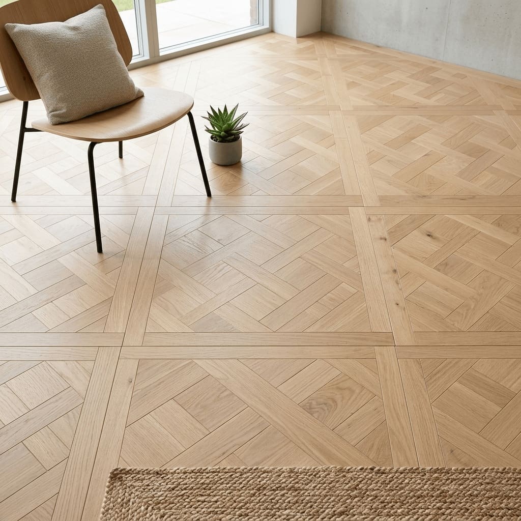 Peckforton Oak Versailles engineered oak flooring detailed view - photorealistic room shot