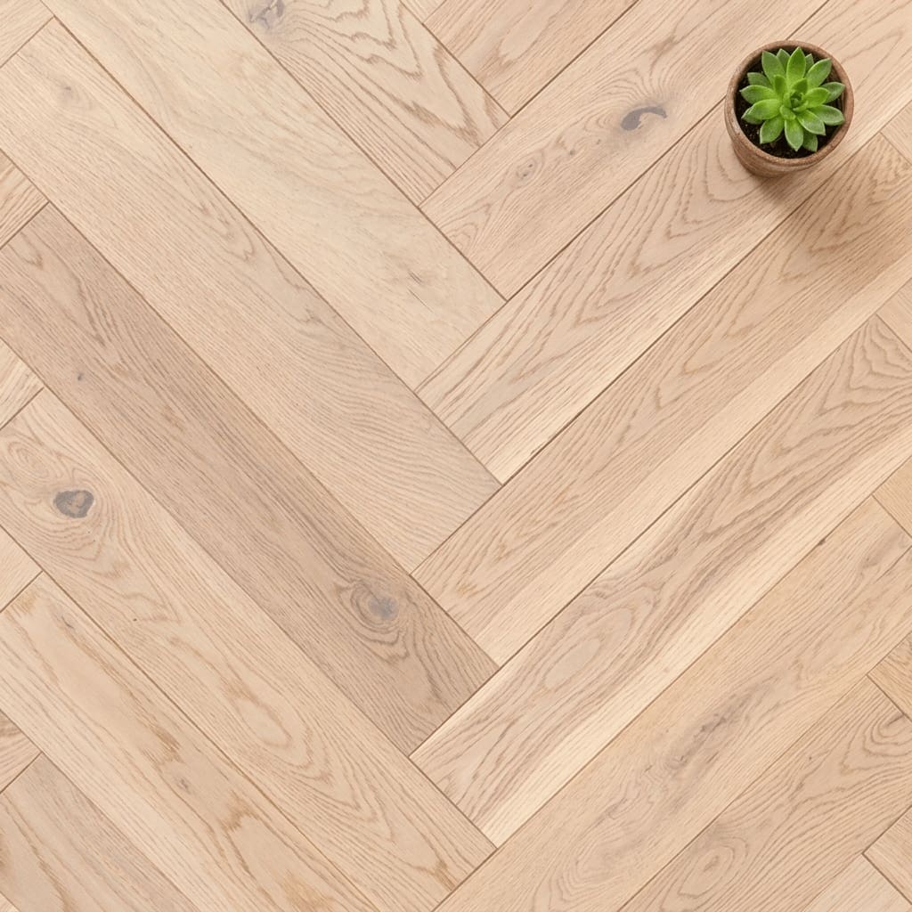 Prestbury Oak Herringbone engineered oak flooring close-up texture - photorealistic room shot