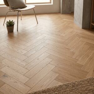 Prestbury Oak Herringbone engineered oak flooring detailed view - photorealistic room shot