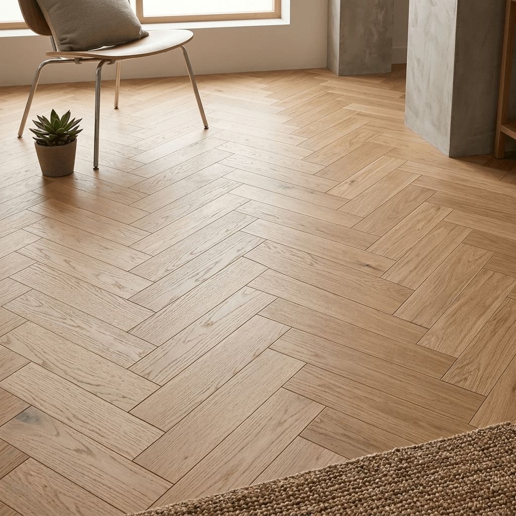 Prestbury Oak Herringbone engineered oak flooring detailed view - photorealistic room shot