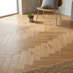Ridley Oak Herringbone engineered oak flooring detailed view - photorealistic room shot
