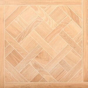 Rookery Hall Oak Versailles engineered wood flooring with intricate geometric panel pattern in a whitewashed oak finish