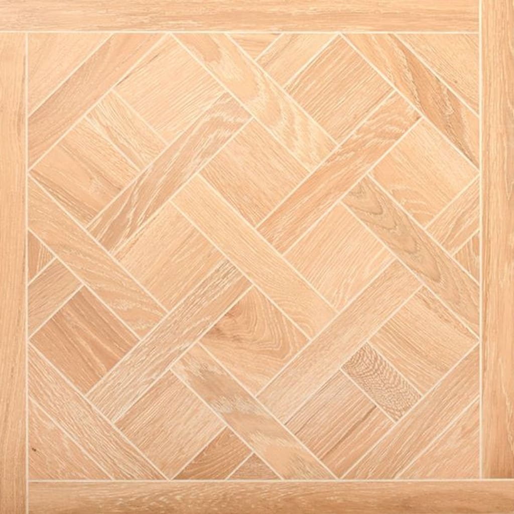 Rookery Hall Oak Versailles engineered wood flooring with intricate geometric panel pattern in a whitewashed oak finish