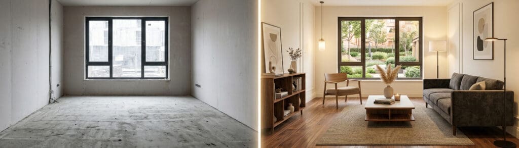 Room visulisation image that shows orginal image on the left and the image with flooring applied on the right
