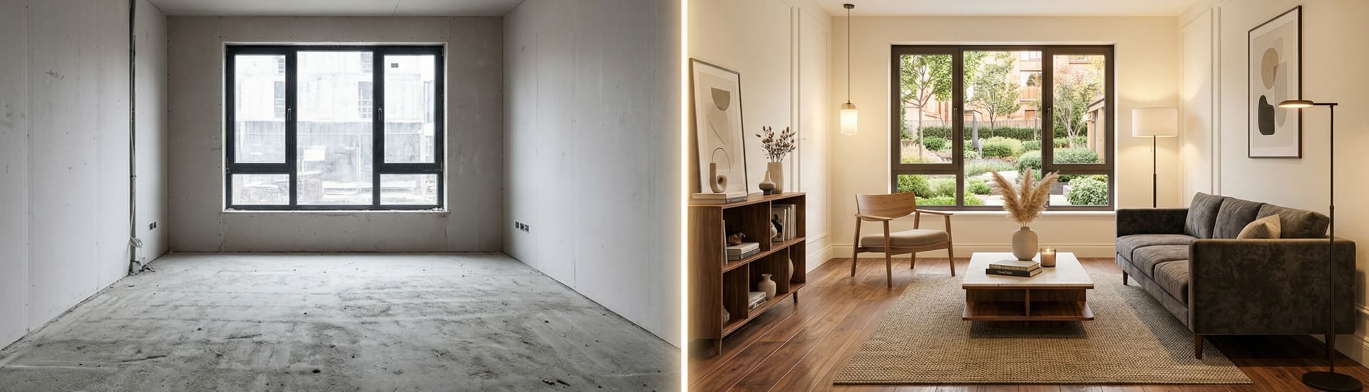 Room visulisation image that shows orginal image on the left and the image with flooring applied on the right
