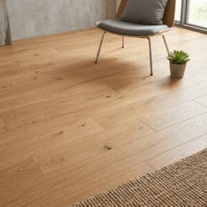 Smithy Bank Oak engineered oak flooring detailed view - photorealistic room shot