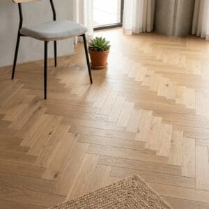 Spurstow Oak Herringbone engineered oak flooring detailed view - photorealistic room shot