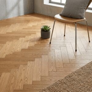 Tabley Oak Herringbone engineered oak flooring detailed view - photorealistic room shot