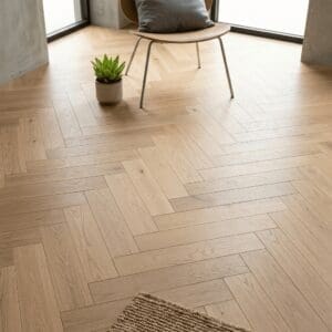 Tarporley Oak Herringbone engineered oak flooring detailed view - photorealistic room shot