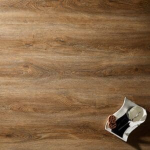 Textures LVT Distressed Oak Plank TP06 flooring with a cup and cookies on a plate.
