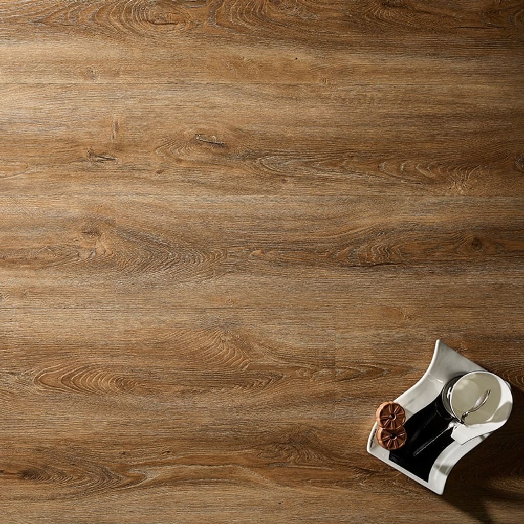 Textures LVT Distressed Oak Plank TP06 flooring with a cup and cookies on a plate.