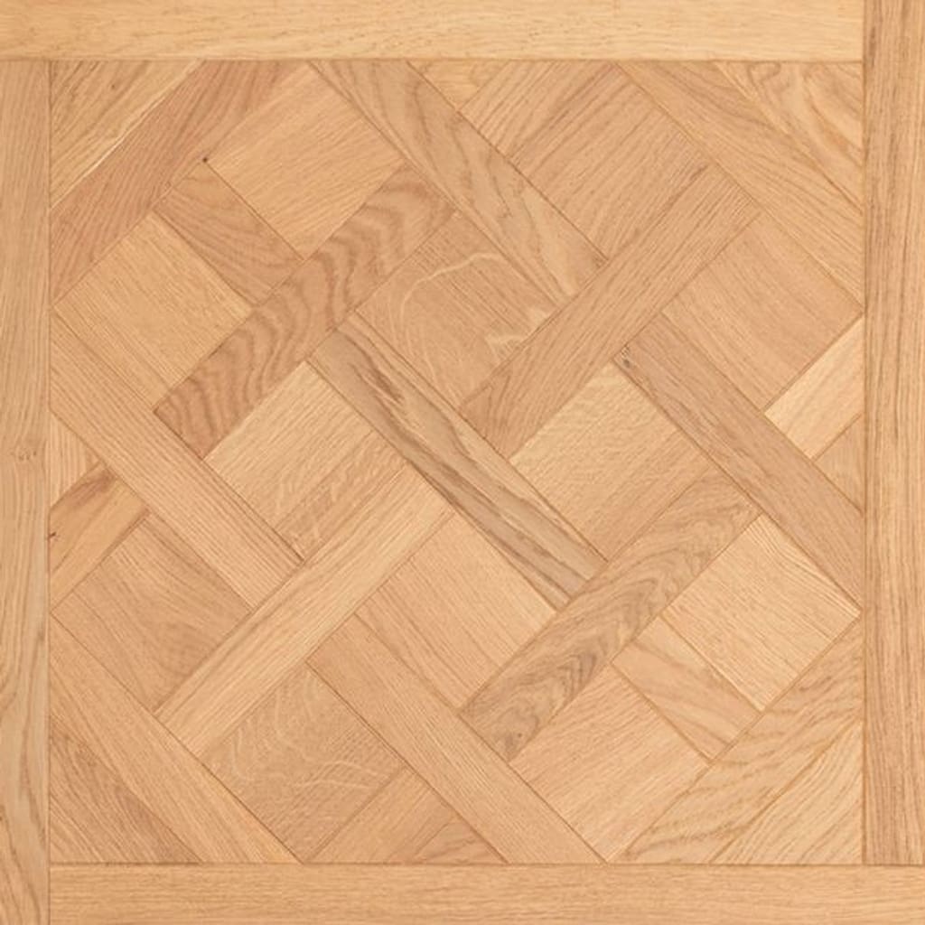 Close up of Utkinton Oak Versailles engineered wood flooring panel showing intricate geometric pattern and natural oak grain.