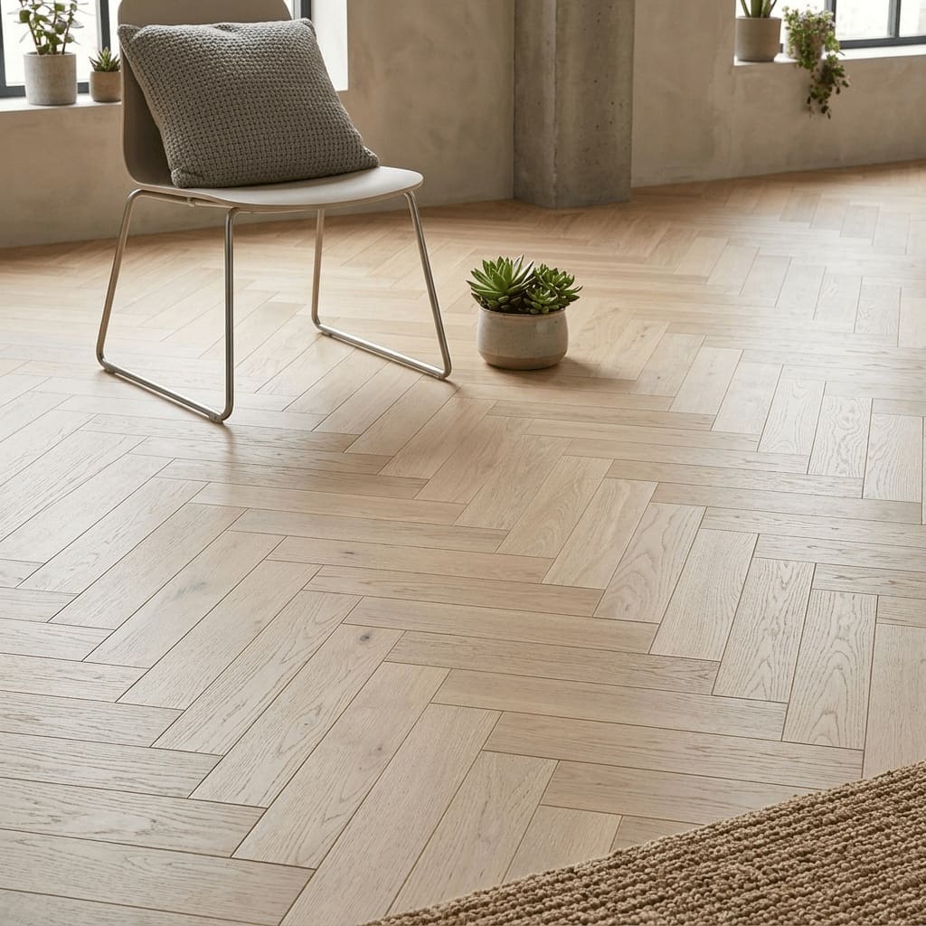 Westminster Park Oak Herringbone engineered oak flooring detailed view - photorealistic room shot