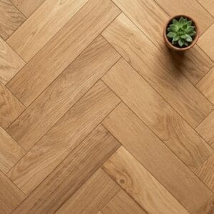 Wrenbury Oak Herringbone engineered oak flooring close-up texture - photorealistic room shot