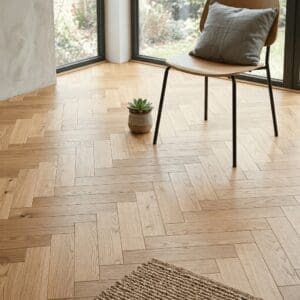 Wrenbury Oak Herringbone engineered oak flooring detailed view - photorealistic room shot