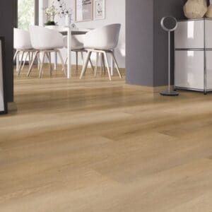 Dining area with white chairs and Fine Oak Amber vinyl flooring