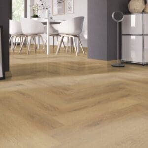 Modern dining room featuring Fine Oak Amber herringbone vinyl flooring
