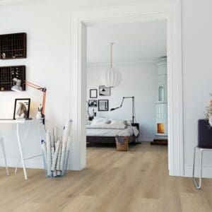 One Flor Home 30 Fine Oak Natural installed in a modern bedroom and home office setting