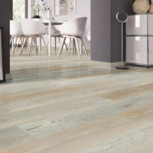 Dining area with white chairs and One Flor Home 30 Painted Wood Natural wood effect flooring