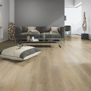Modern living room featuring Sawcut Oak Natural flooring with grey sofa and minimalist decor