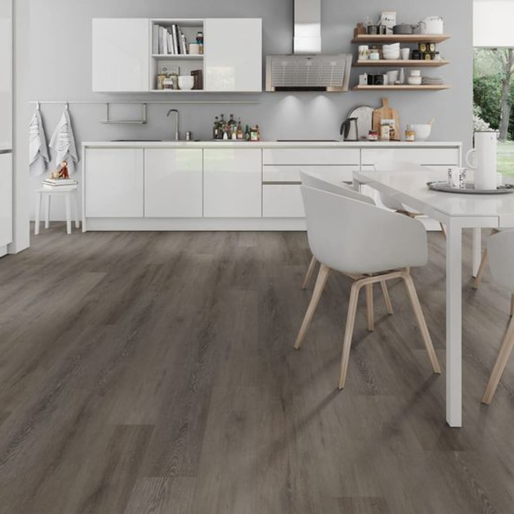 Cerused Oak Dark Brown flooring installed in a modern white kitchen