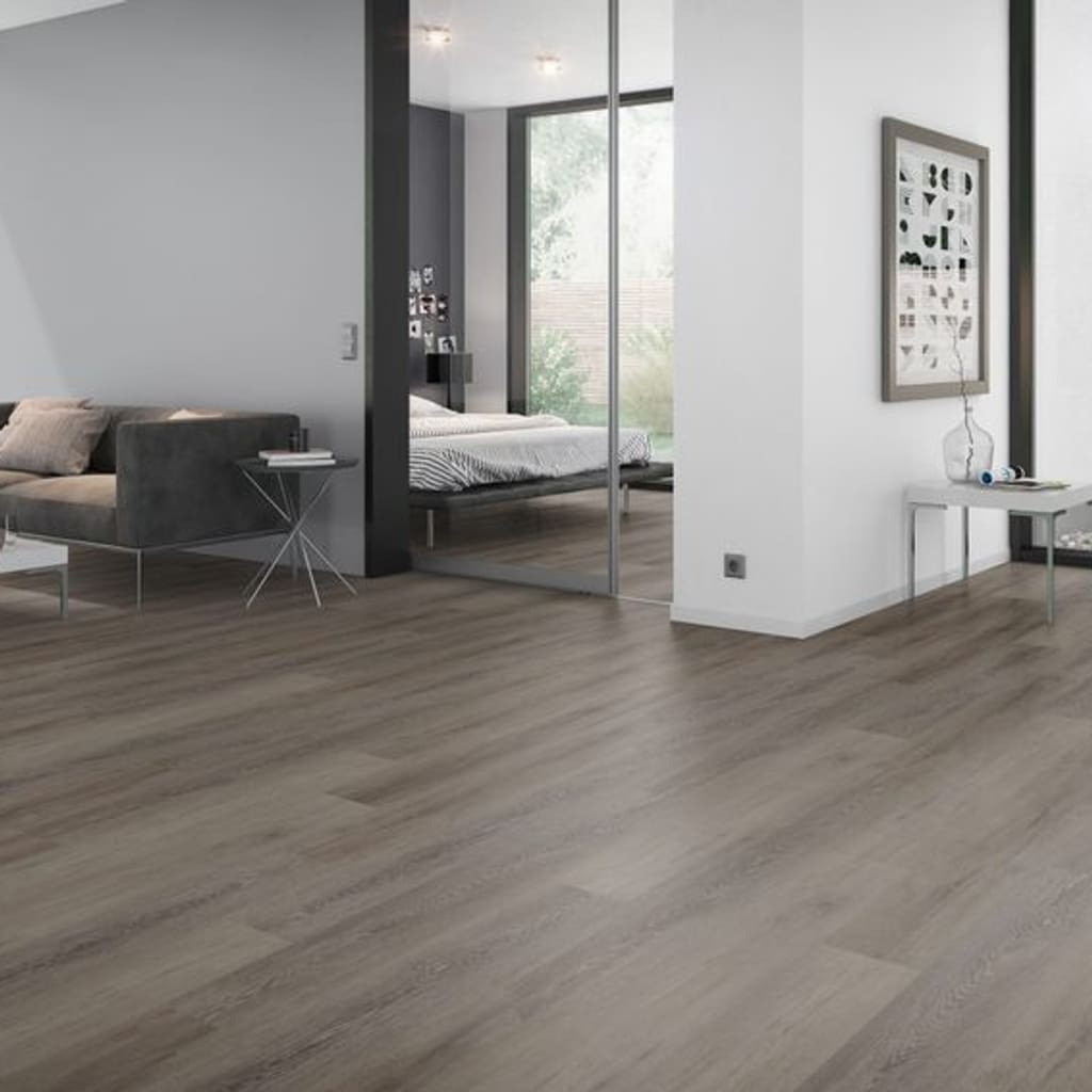 Spacious living area featuring Cerused Oak Dark Brown wood effect flooring