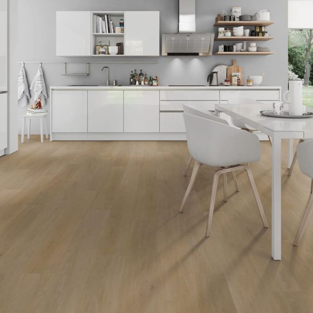 Bright contemporary kitchen and dining space with One Flor Workshop 55 English Oak Honey vinyl flooring.
