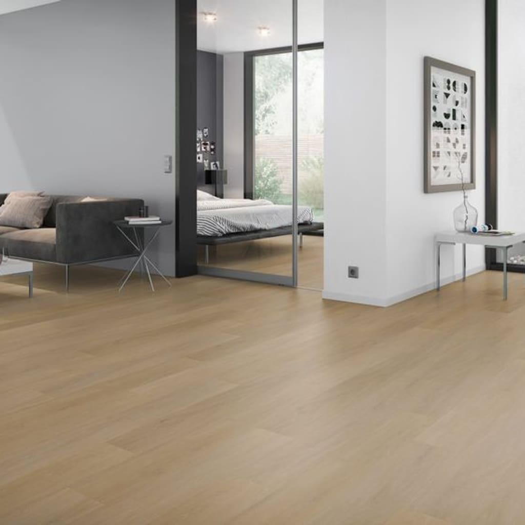 Modern living room and bedroom area featuring One Flor Workshop 55 English Oak Honey flooring.