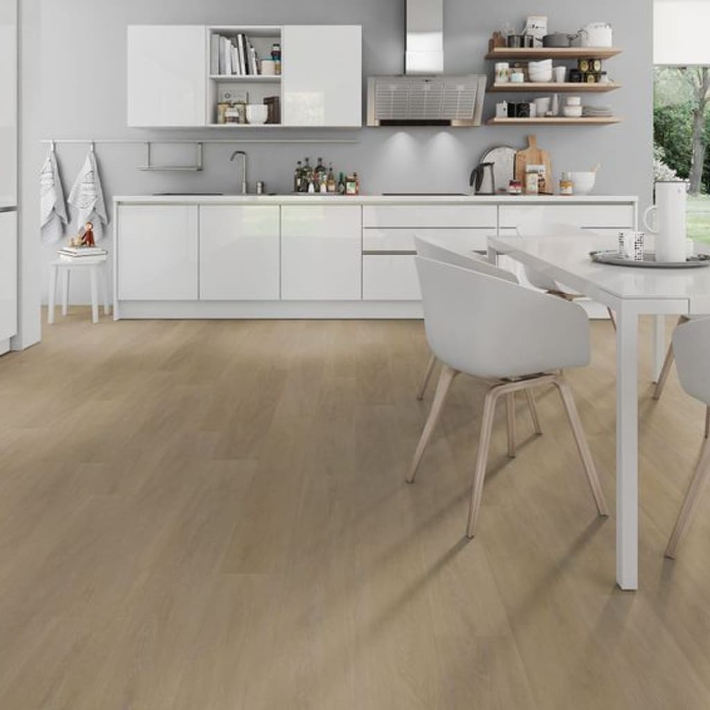 Modern white kitchen featuring English Oak Natural wood effect flooring.