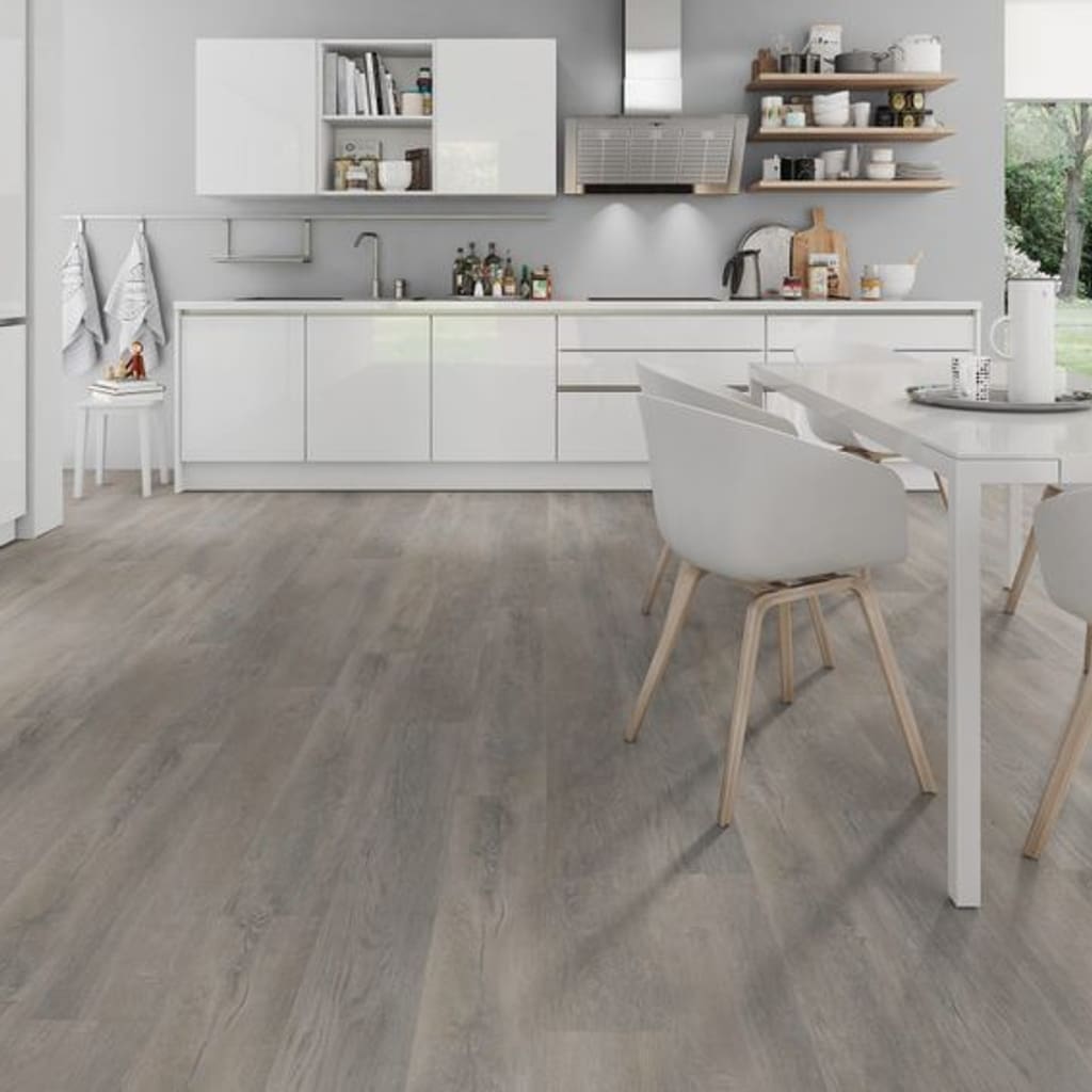 Contemporary white kitchen with Old Oak Greige wood effect flooring