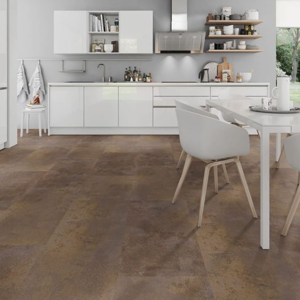 Sleek white kitchen installation with Oxyde Bronze Red industrial style vinyl floor tiles