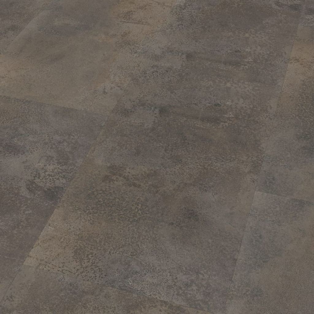 Angled view of Oxyde Brown luxury vinyl tiles showing texture and joins