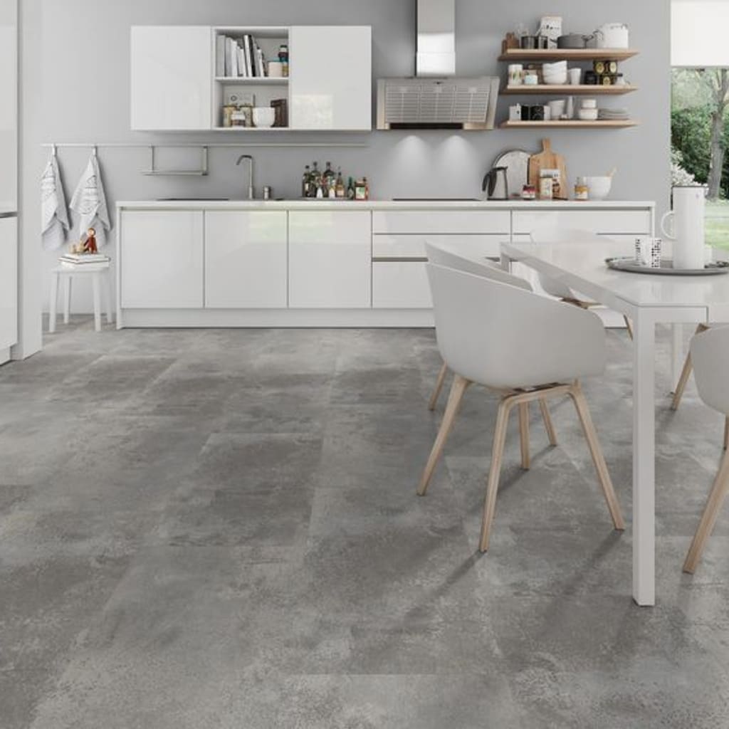 Modern white kitchen featuring Oxyde Light Grey stone effect flooring