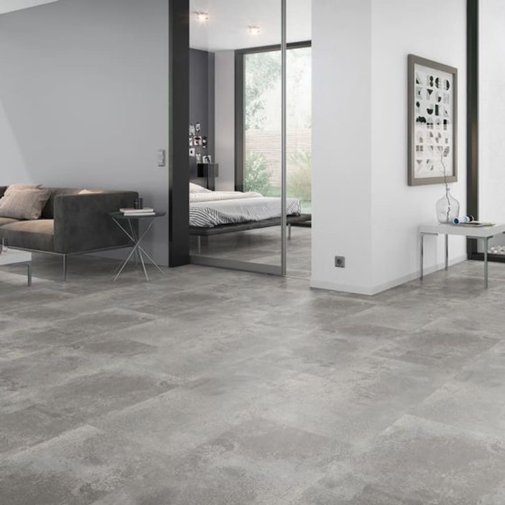 Spacious contemporary living room with Oxyde Light Grey luxury vinyl tiles