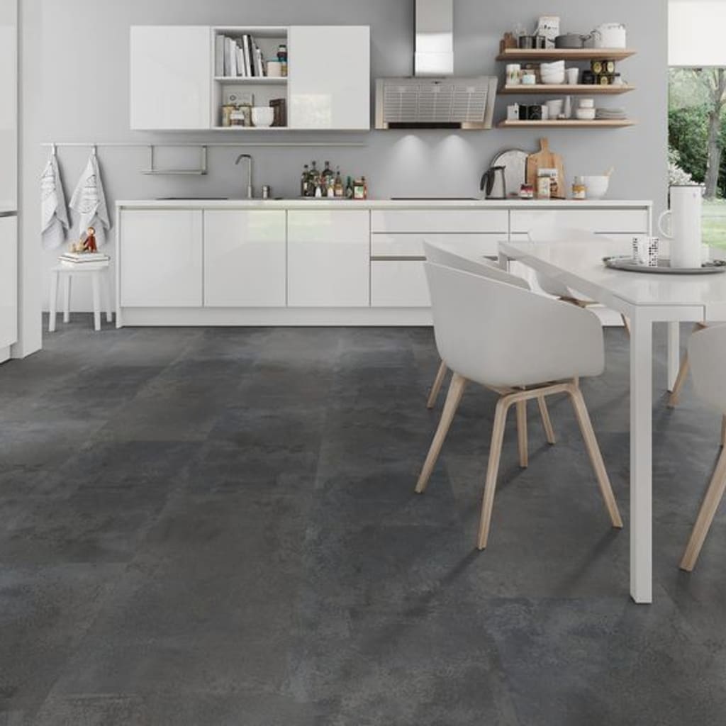 Modern white kitchen featuring Oxyde Silver Black stone effect flooring
