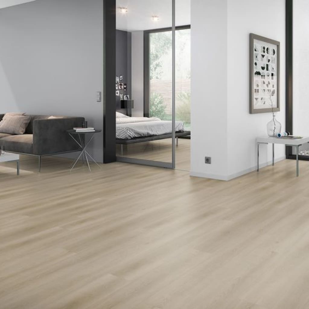 Spacious contemporary living area with light oak effect vinyl flooring