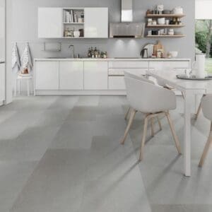 Modern white kitchen featuring One Flor Workshop 55 Urban Light Grey flooring