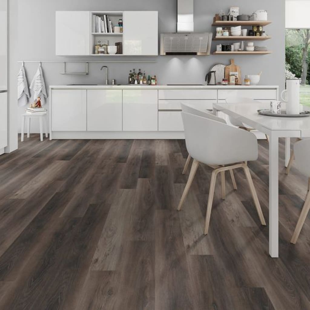 Modern white kitchen featuring Walnut Dark Brown wood effect flooring